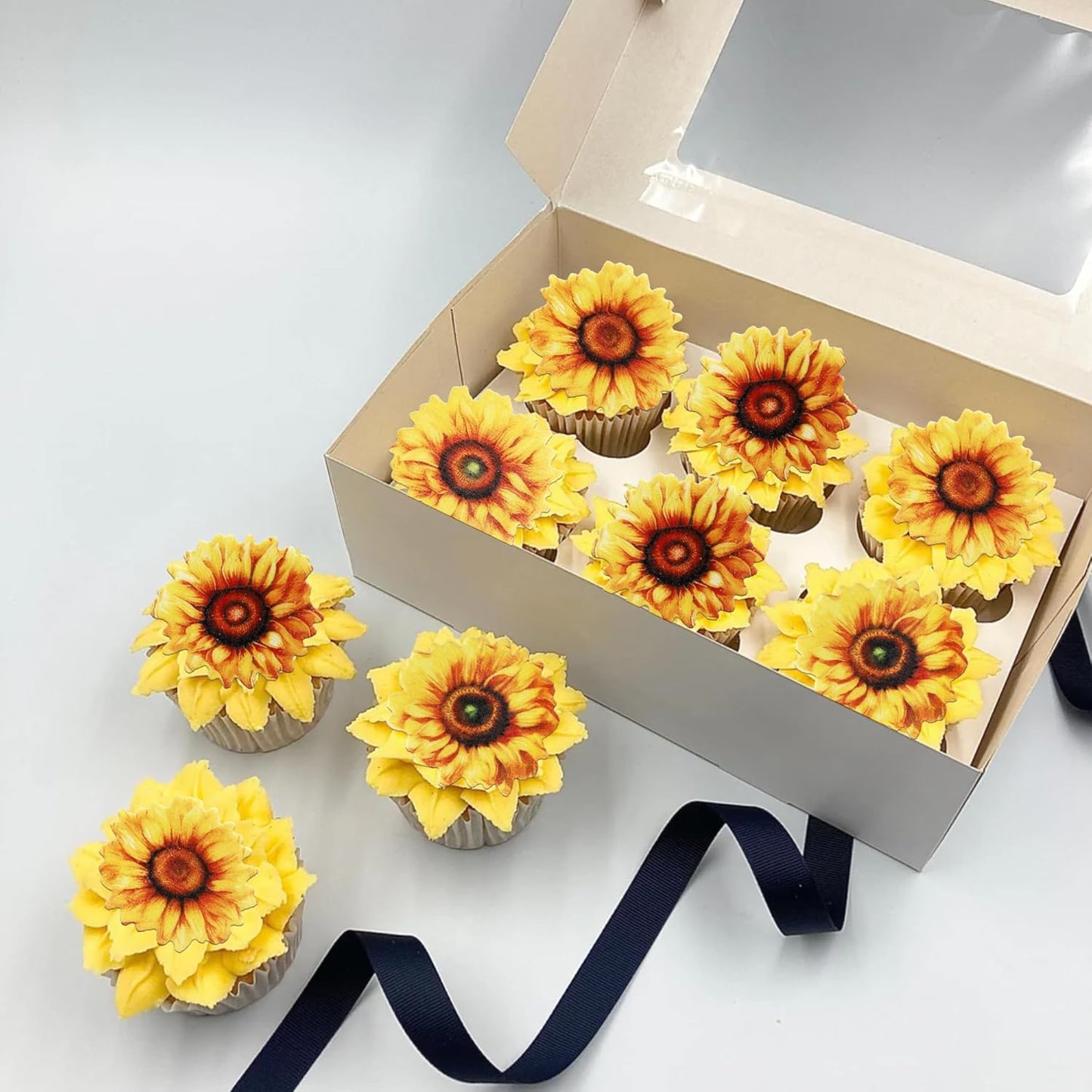 60 PCS Edible Sunflower Cupcake Toppers Edible Flowers Cake Decorations Edible Paper Sunflower Party Decorations for Baby Shower Sunflower Birthday Party Cake Toppers Food Decorations Supplies
