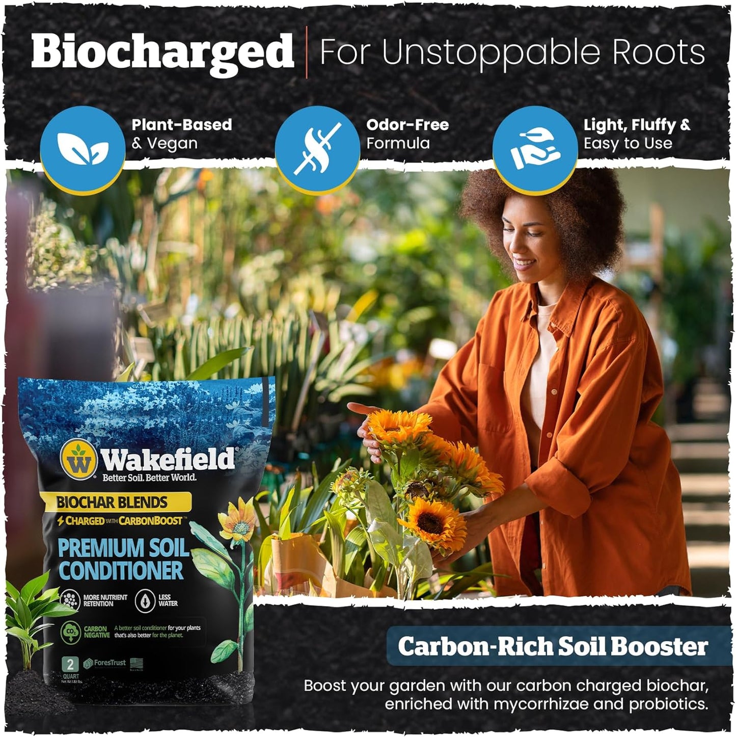 Wakefield Premium Indoor Potting Soil - Professional Biochar & Probiotics with CarbonBoost Technology - Ultimate Organic Potting Mix for Indoor & Outdoor Plants, Succulents & House Plants - 2Quarts