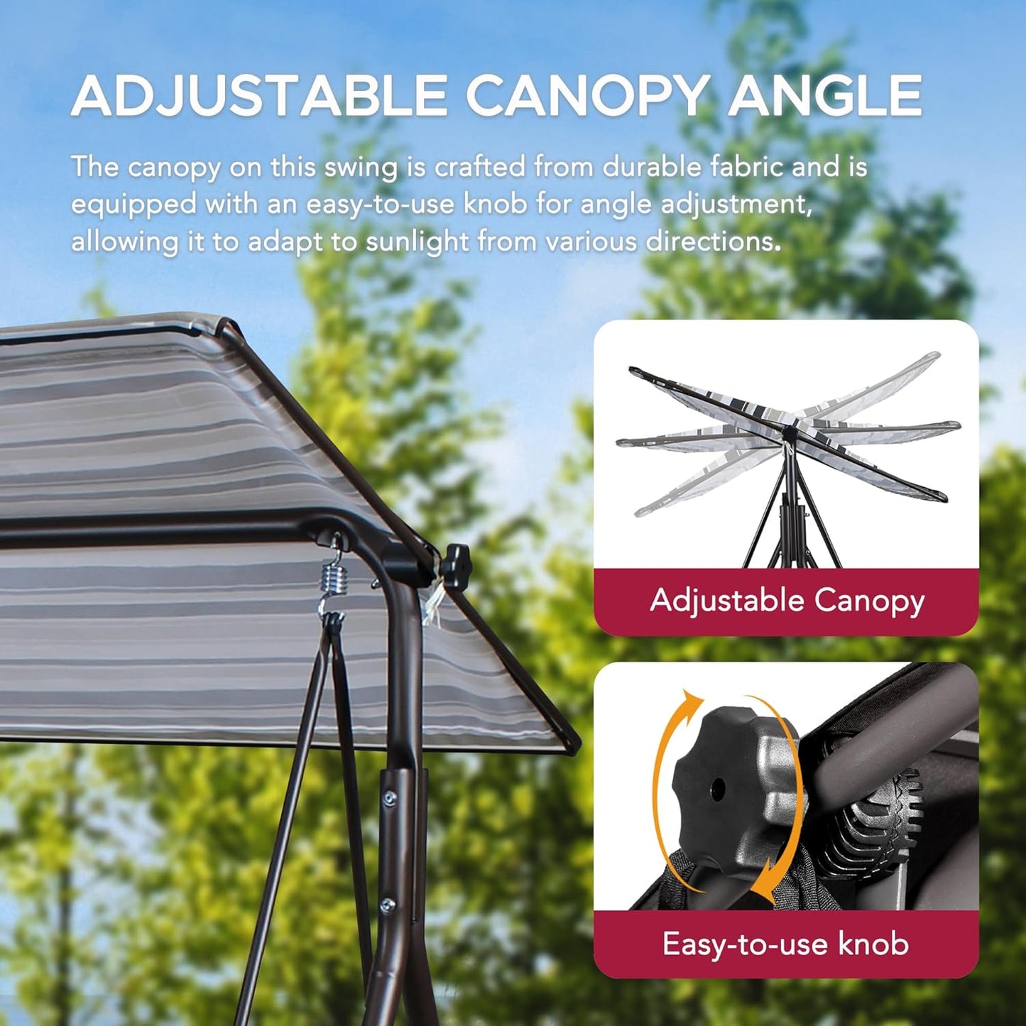 SUNJOY Outdoor Porch Swing, 2 Seat Patio Metal Porch Swing Seats with Adjustable Canopy and Removable Cushion for Garden, Poolside, Backyard, Bronze - Made in Italy