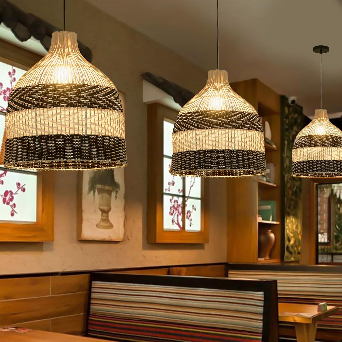 15.75" Rattan Pendant Light Black White Faux Rattan Basket Chandelier 1-Pack Boho Handmade Woven Wicker Hanging Light Fixture for Public Place Dining Living Bedroom Kitchen Farmhouse