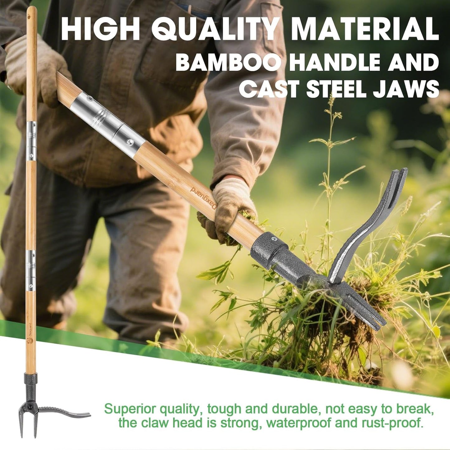 Weed Puller-The Original Stand Up Weed Puller Tool,Adjustable 44-31.5" Bamboo Handle with Heavy Duty 4-Claw Cast Steel Head - Foot Step Design, No Bending Required - Garden & Yard Weeder