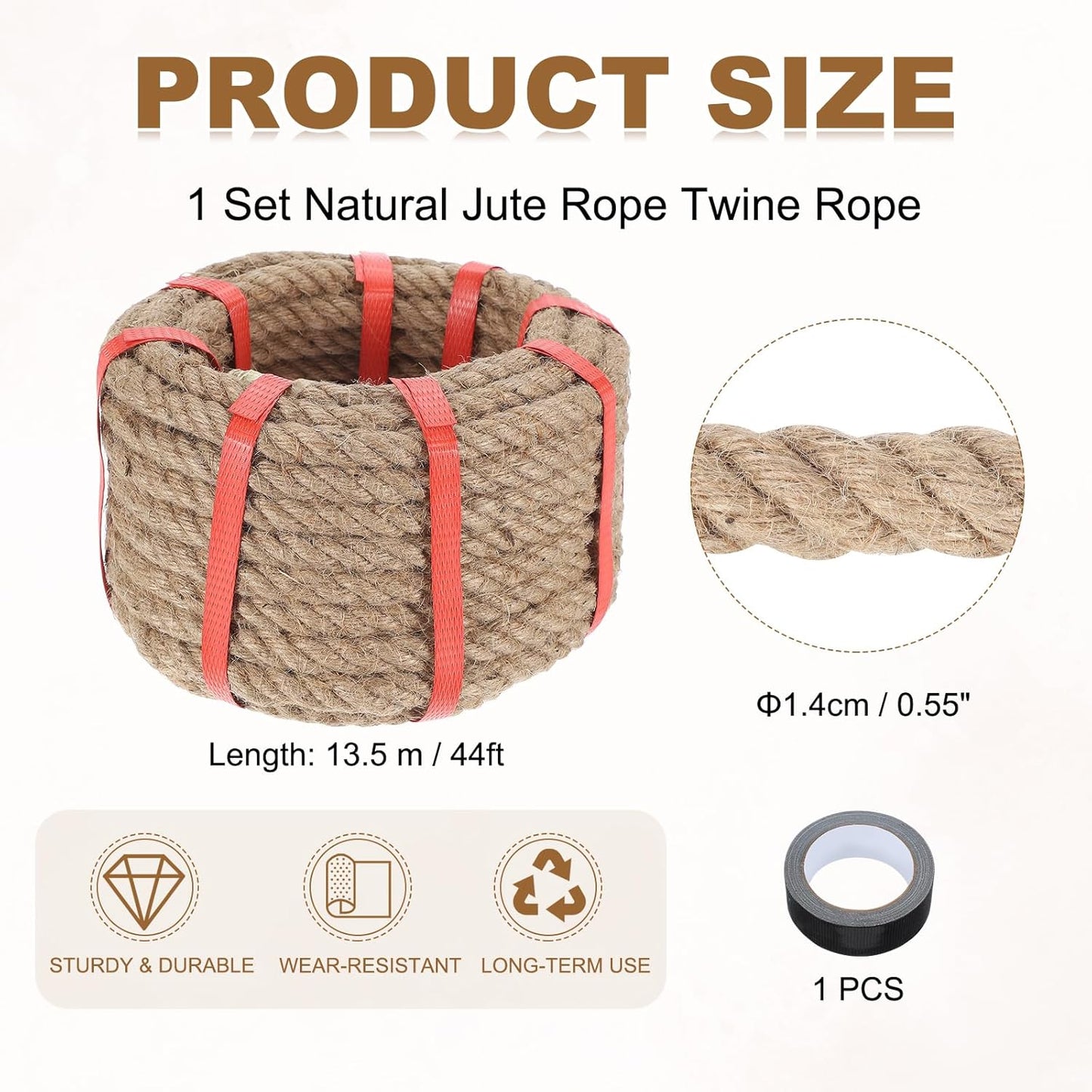 MECCANIXITY Jute Rope 0.55 Inch x 44ft, Thick Twine Rope Ropes Braided Jute Twine Natural Brown Burlap Cord String Heavy Twisted with Tape for Decorative Crafts Railing Swing Tug of War