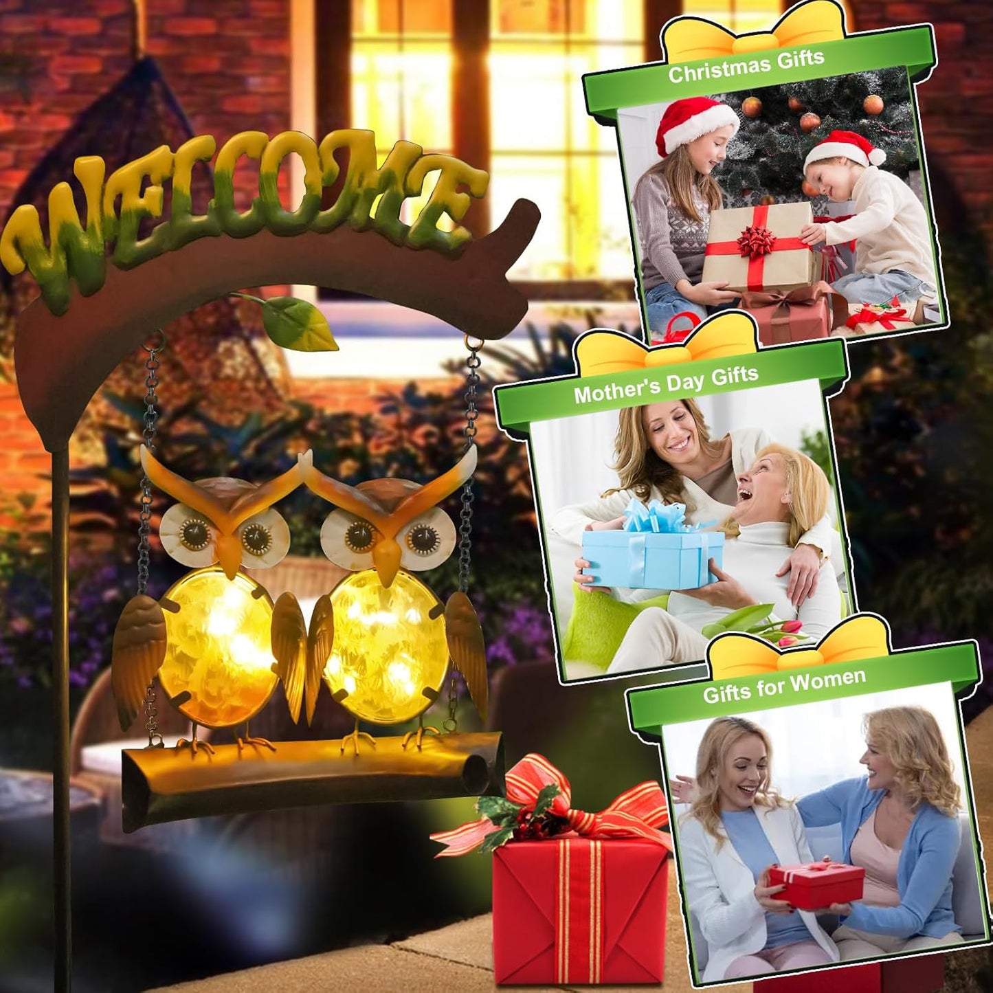 HONGLAND Solar Lights Outdoor Decor, Owl Swing Garden Decor, Owl Gifts for Women Mom, Whimsical Garden Lights Outdoor Decorations with Welcome Sign for Outside Patio Yard Lawn Decor-48inch