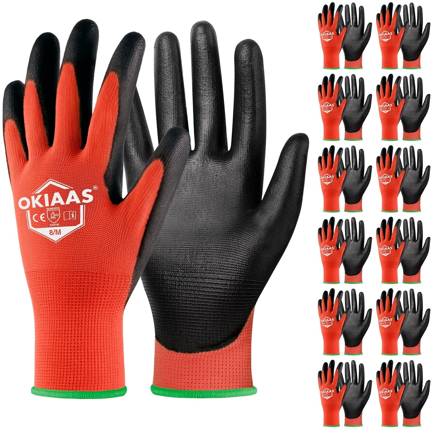 OKIAAS Men's Ultra-Thin and Lightweight Working Gloves with Grip, 12 Pairs Bulk Pack, Construction Gloves with Polyurethane Coating, Safety Gloves for Light Duty Work, Red, Medium