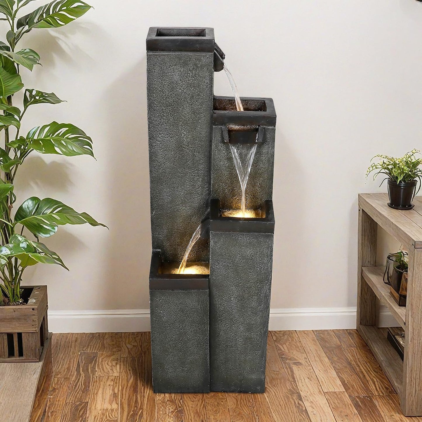 SunJet 4-Tier Modern Water Fountain, Indoor/Outdoor Resin Water Fountains with Soothing Water Sounds, Perfect for Garden, Patio, Home & Office, 12.5" L x 9.4" W x 39.3" H
