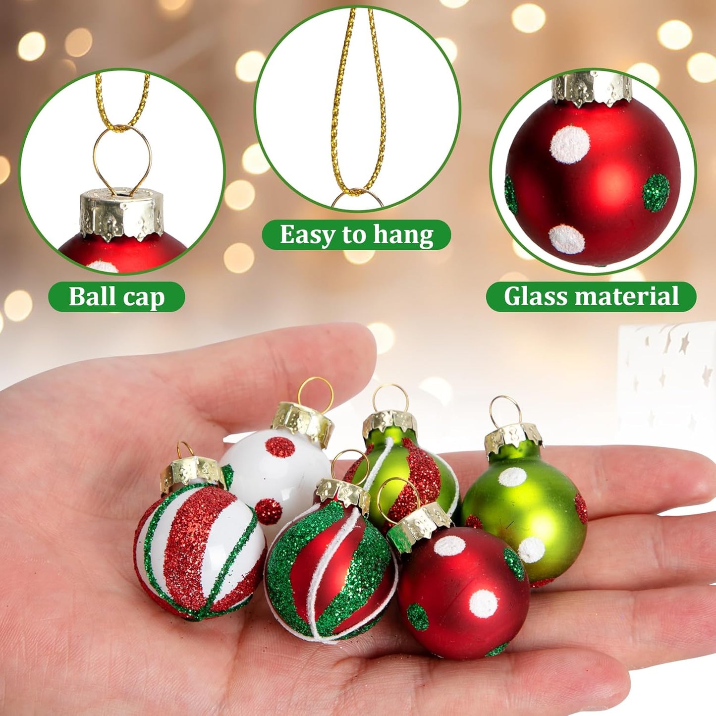 Watayo 24 Pcs Christmas Glittering Elf Balls Glass Ornaments for Tree, 1" Mini Painted Swirl Dots Elf Balls Hanging Ornaments, Christmas Red Green Ball Tree Decoration for Xmas Party Home Decor