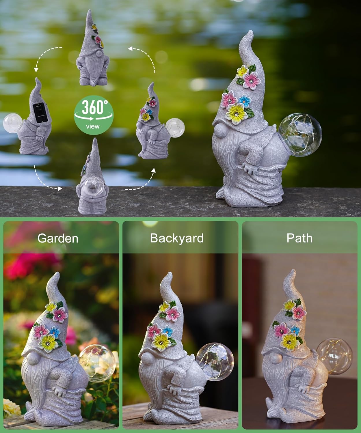 Funny Garden Gnome Statue with Lights, Outdoor Sculpture Decor for Home Yard Lawn Porch Balcony Patio,Gardening Gifts for Women Mom Grandma