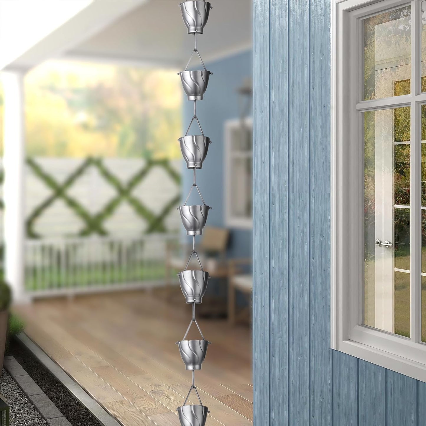 Monarch Rain Chains Aluminum Akira Rain Chain, 8.5 ft Pewter Powder Coated Aluminum Decorative Rain Catcher Chain for Gutters, Pewter Aluminum Rain Gutter Replacement Downspout