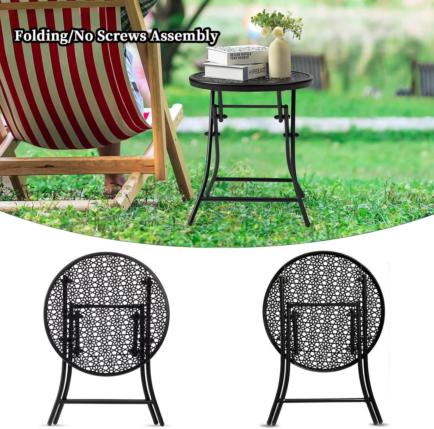 TeoKJ Folding Outdoor Side Tables, Anti Rust Small Patio Table Round Metal Nightstand with Flower Cutouts for Porch Yard Balcony Deck Lawn, Set of 2, Black