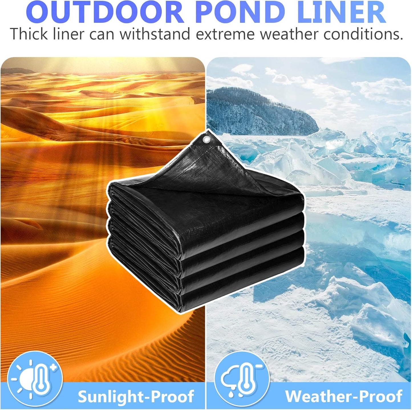 Reinforced PE Pond Liner 25 x 25 FT, 28 Mil Sun Resistant Preformed Pond Liner, Hemmed Edge with Buttonholes Liner for Outdoor Large Ponds, Fish/KOI/Duck Pond, Garden Waterfall, Waterscape, Black