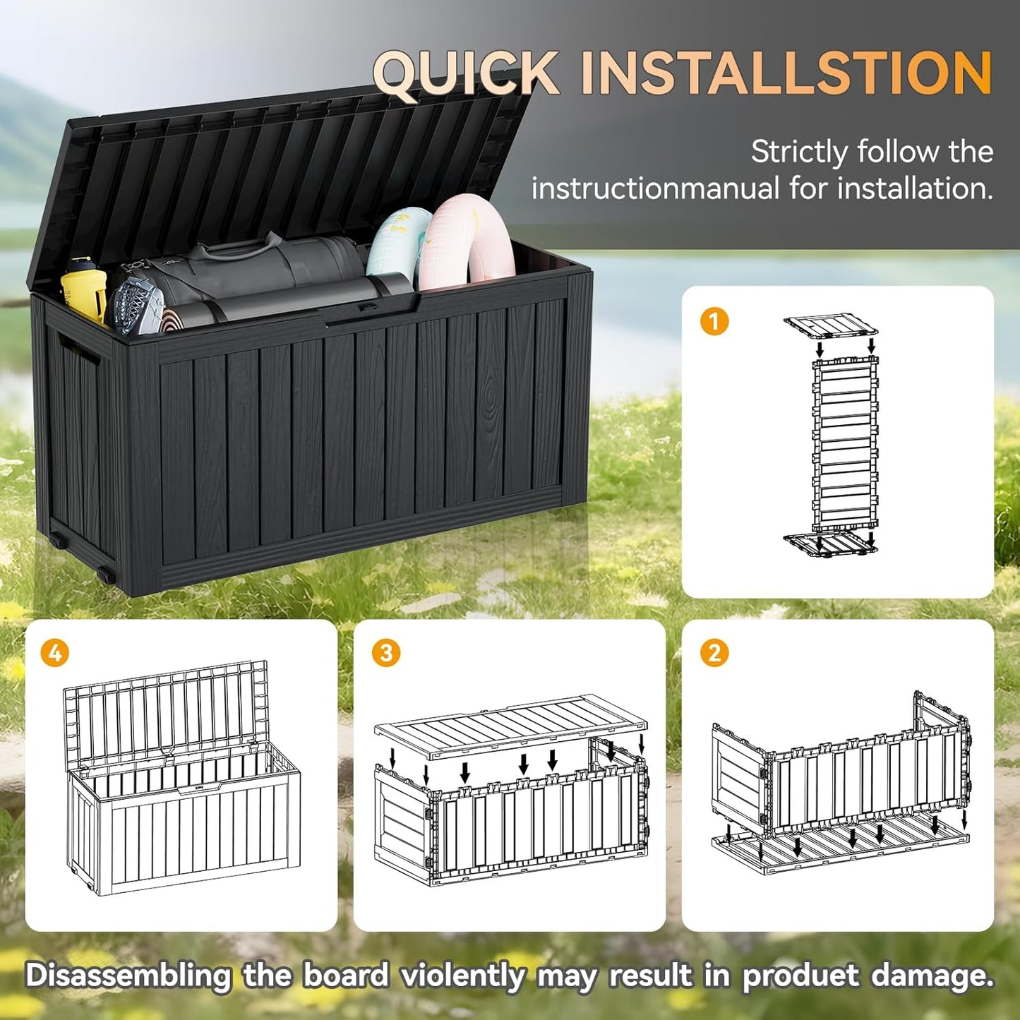 KAMABOKO Deck Box, 75 Gallon Resin Indoor and Outdoor Storage Boxes Waterproof for Garden Tools, Pool Accessories Storage Bench, Patio Furniture and Cushions with Lockable Lid, Black