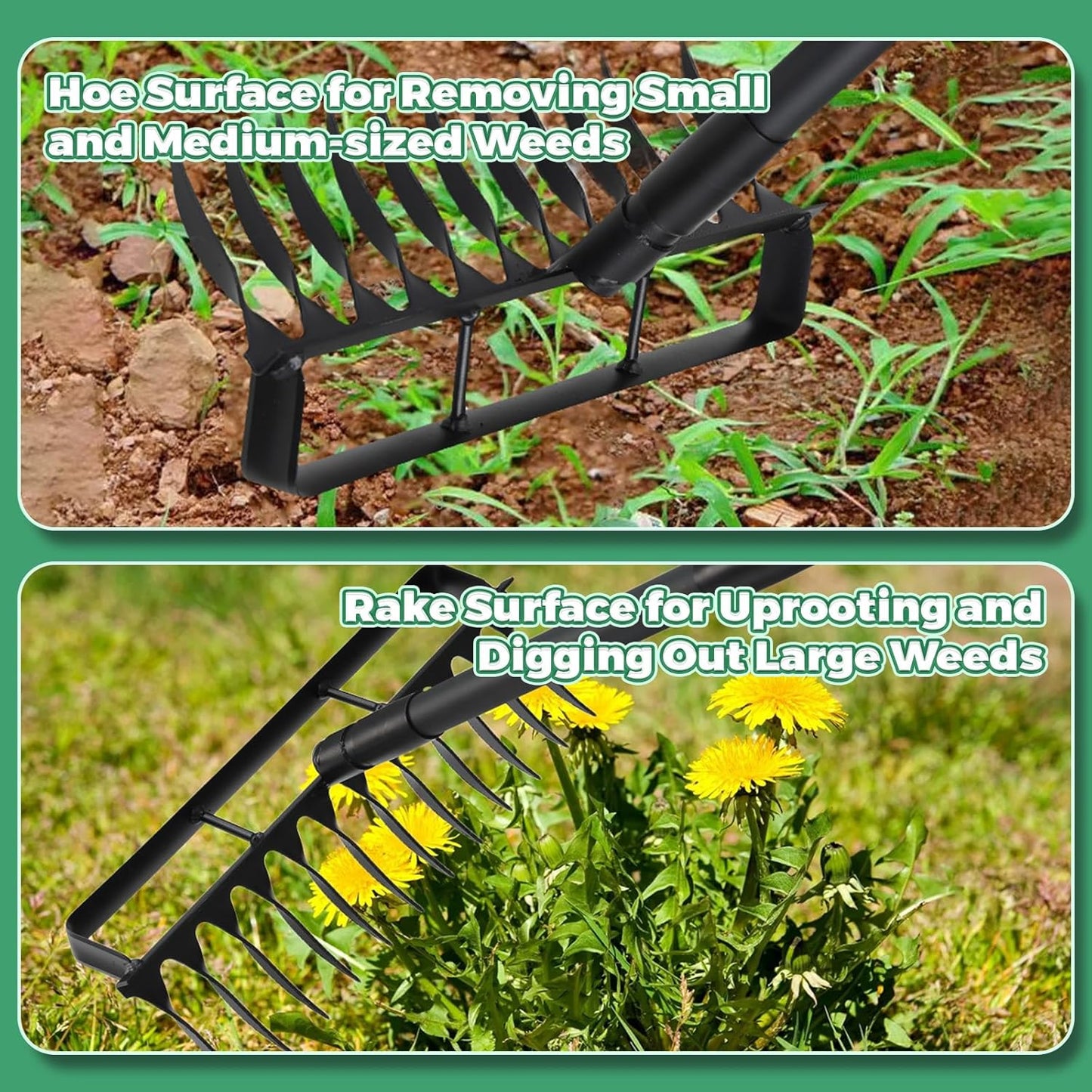 Stirrup Hoe Garden Tool Weed Puller with 76.8Inch Adjustable Stainless Steel Handle, Heavy Duty Hula Hoe and 12 Tines Rake 2 in 1 Gardening Tools Garden Cultivator for Weeding Soil Loosening, Black
