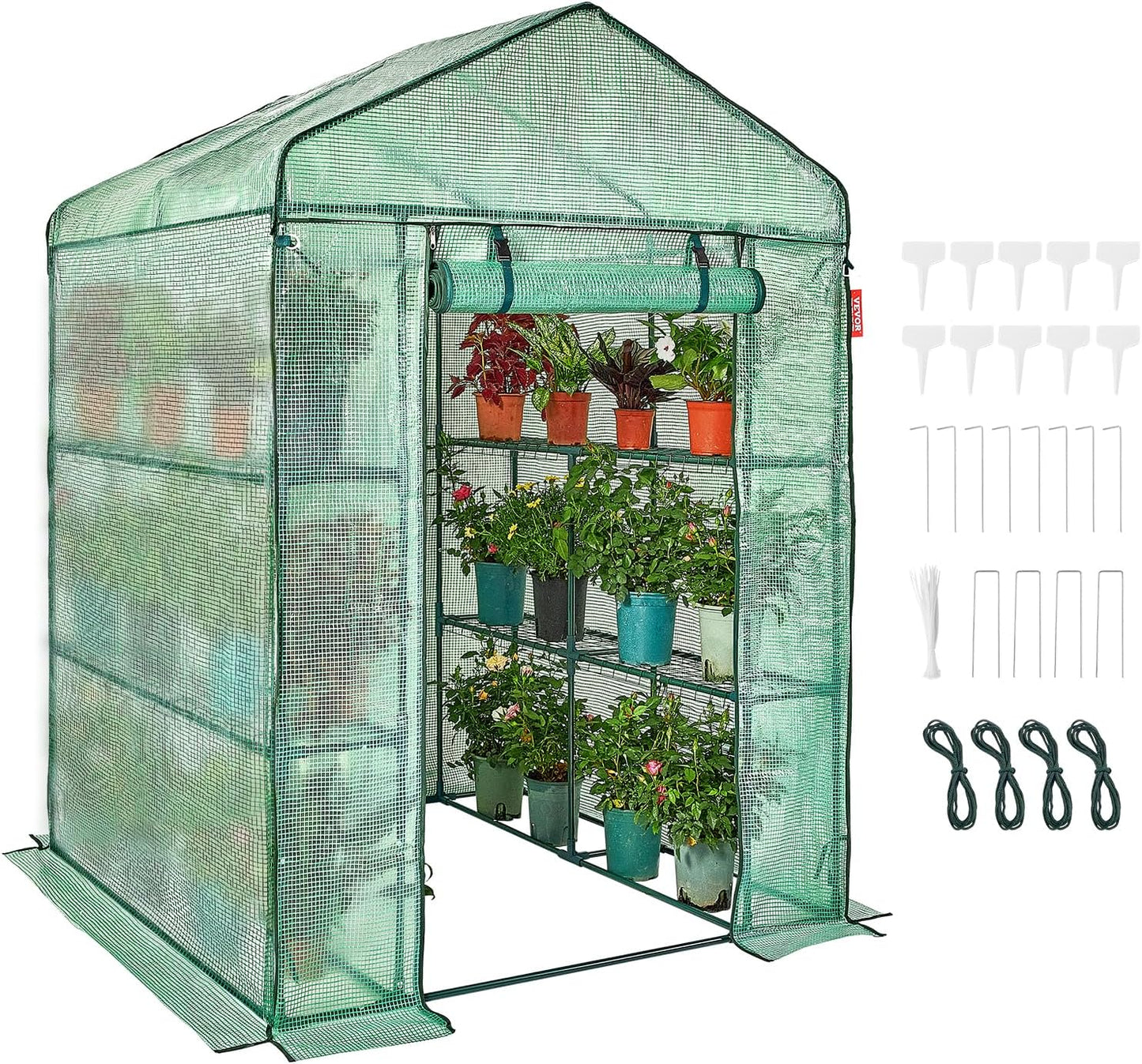 VEVOR Walk-in Green House, 55.5 x 55.5 x 78.7 inch, Portable Greenhouse with Shelves, High Strength PE Cover with Roll-up Zipper Door and Steel Frame, Set Up in Minutes, for Planting and Storage