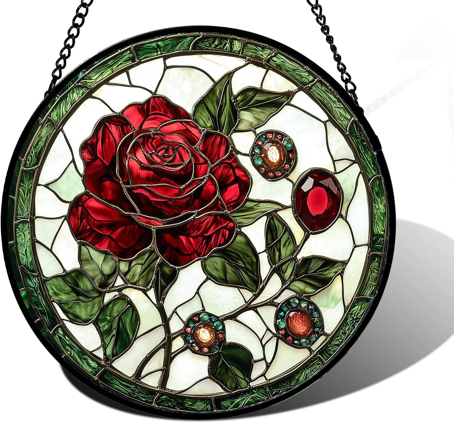 Stained Glass Window Hanging, Red Rose Gemstone Green Sun Catchers Diamond Glass Panel Hangings Suncatcher Decor for Birthday for Women, Men, Wife, Aunt, and Mom 9.8 in
