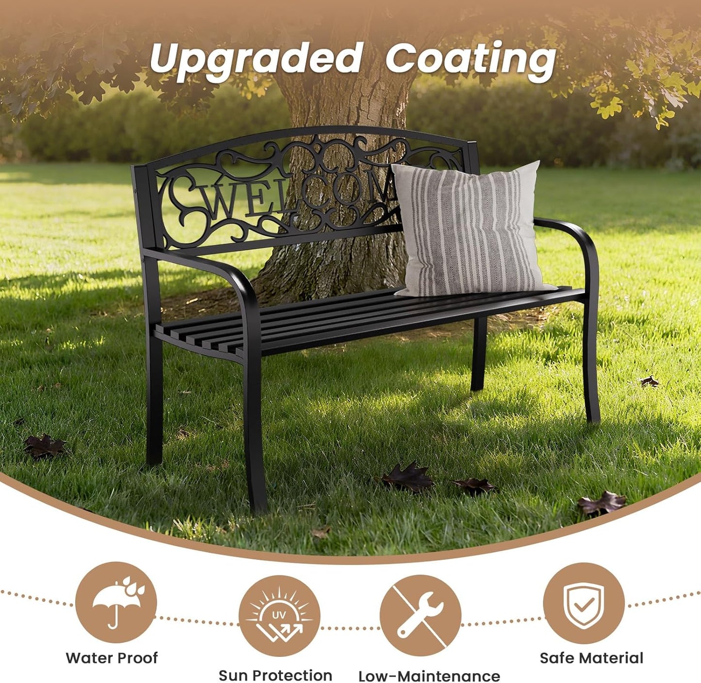 50'' Outdoor Garden Bench, Weatherproof Wrought Iron Metal Patio Bench with Mesh Pattern Backrest, for Front Porch, Park, Yard, Gardens