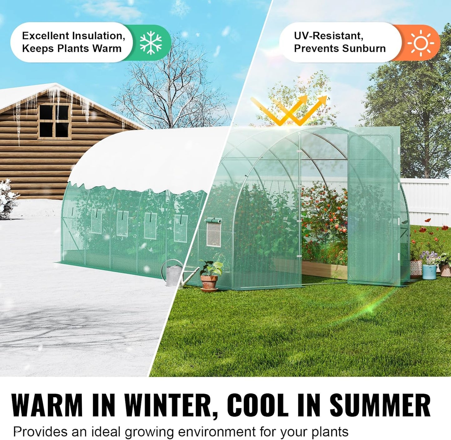 VEVOR Walk-in Tunnel Greenhouse, 19.4x9.7x7.4 ft Hoop House Greenhouse Tunnel, Plant Hot House with Galvanized Steel Frame, Green PE Cover, Swing Door and 12 Roll-up Windows for Outdoor