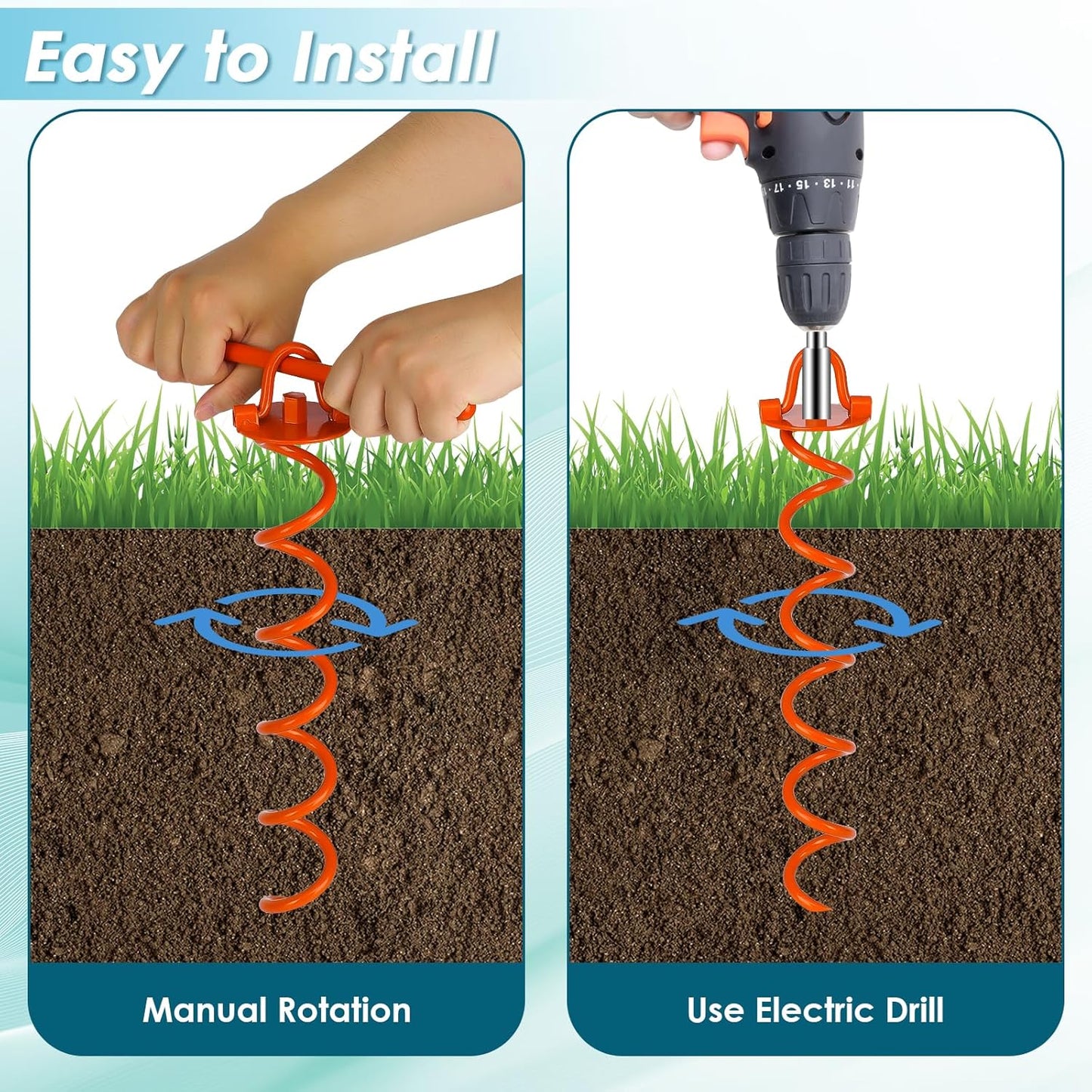 FEED GARDEN 16 Inch Spiral Ground Anchors Heavy Duty Screw in Spiral Stakes, 4 Pack Folding Ring Ground Stakes for Securing Dogs,Tents, Trampolines, Canopies, Swing Sets, Orange