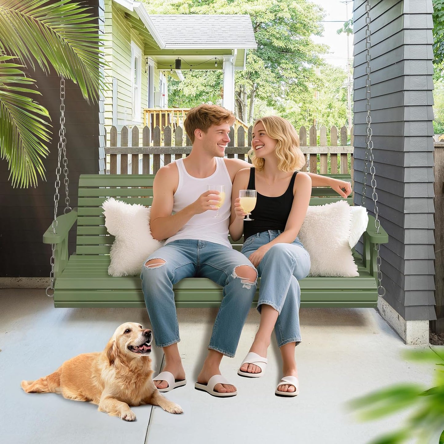 VINGLI Upgraded Patio Wooden Porch Swing for Courtyard & Garden, Heavy Duty 880 LBS Swing Chair Bench with Hanging Chains for Outdoors (Green, 5 FT)