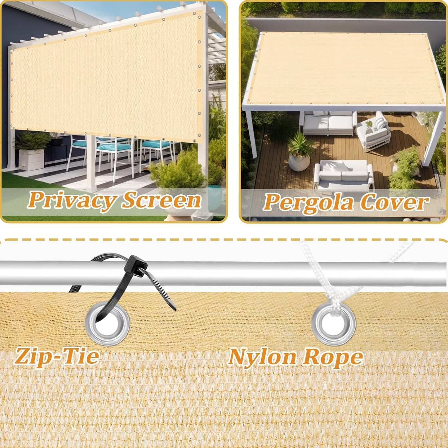 Shade&Beyond Customized Size 90% Sun Shade Cloth with Grommets, 10' X 18' Pergola Shade Cover Canopy, Mesh Tarp Sun Screens for Patio, Outdoor, Garden, Backyard GN01, Wheat