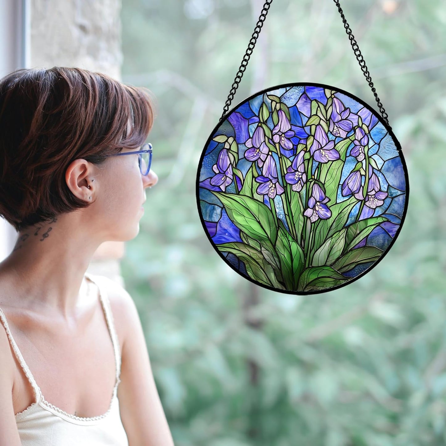 Stained Glass Suncatcher, Blue Purple Flowers Green Leaves Sun Catcher Plants Stain Glass Window Hanging Decoration Mother's Day Birthday Gifts for Women Men Mom and Nana 15 in