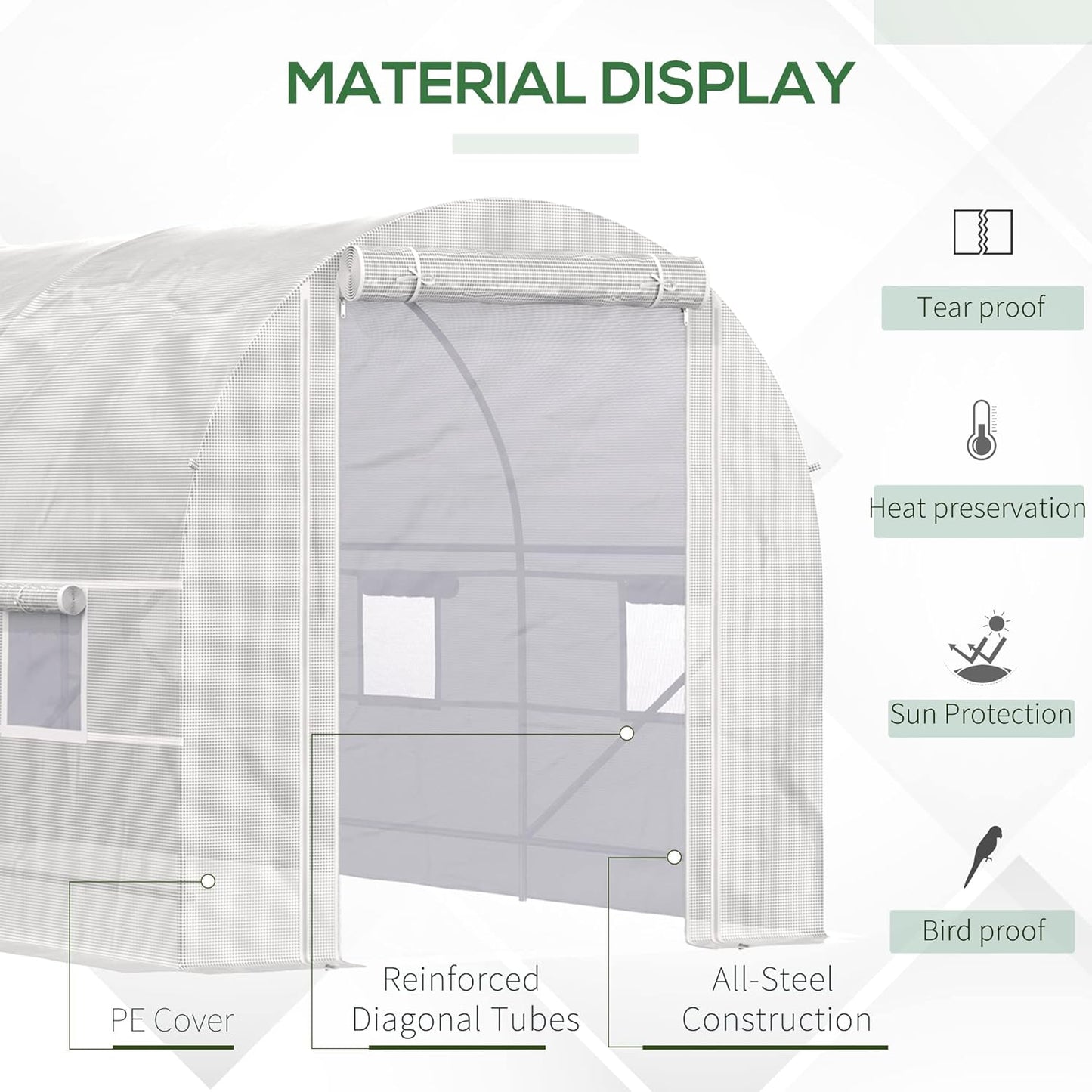 Outsunny 15' x 7' x 7' Walk-in Tunnel Greenhouse, Large Heavy Duty Garden Hot Green House Kit with 6 Roll-up Windows & Roll Up Door, Steel Frame for Garden Plants, White