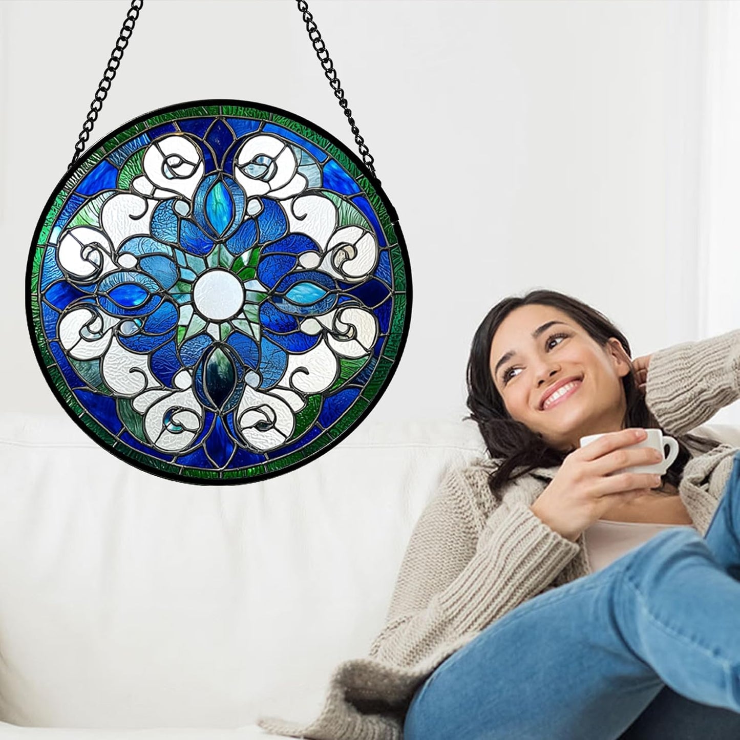 Stained Glass Window Hanging, Boho Style Sun Catchers Diamond Glass Panel Hangings Tiffany Suncatcher Decor for Birthday for Women, Men, Wife, Aunt, and Mom 14.9x14.9 in