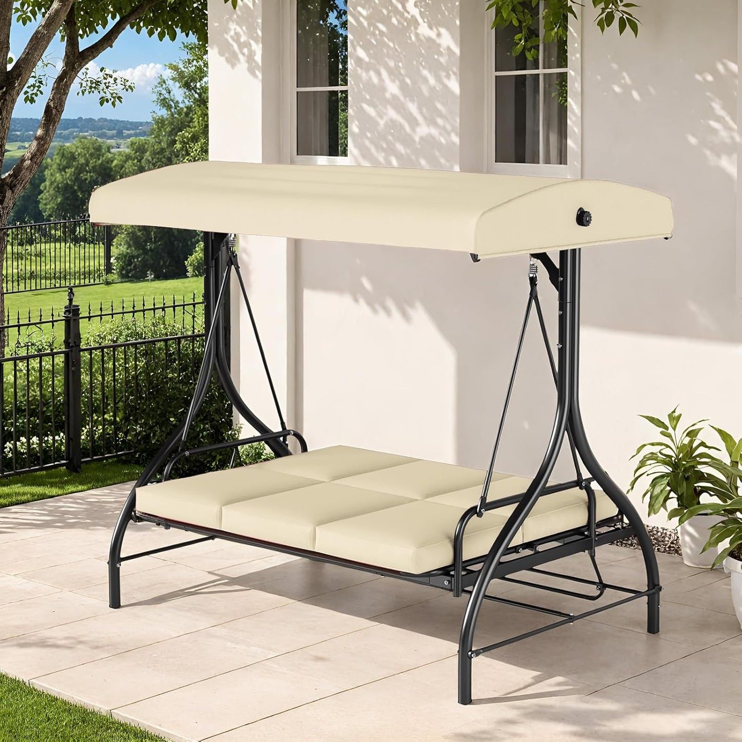 TLSUNNY 3-Seat Outdoor Patio Porch Swing with Adjustable Canopy & Backrest, Convertible Glider Bed with Stand, Removable Seat Cushion, 45° Tilt Adjustment for Backyard, Poolside, Balcony - 750LBS