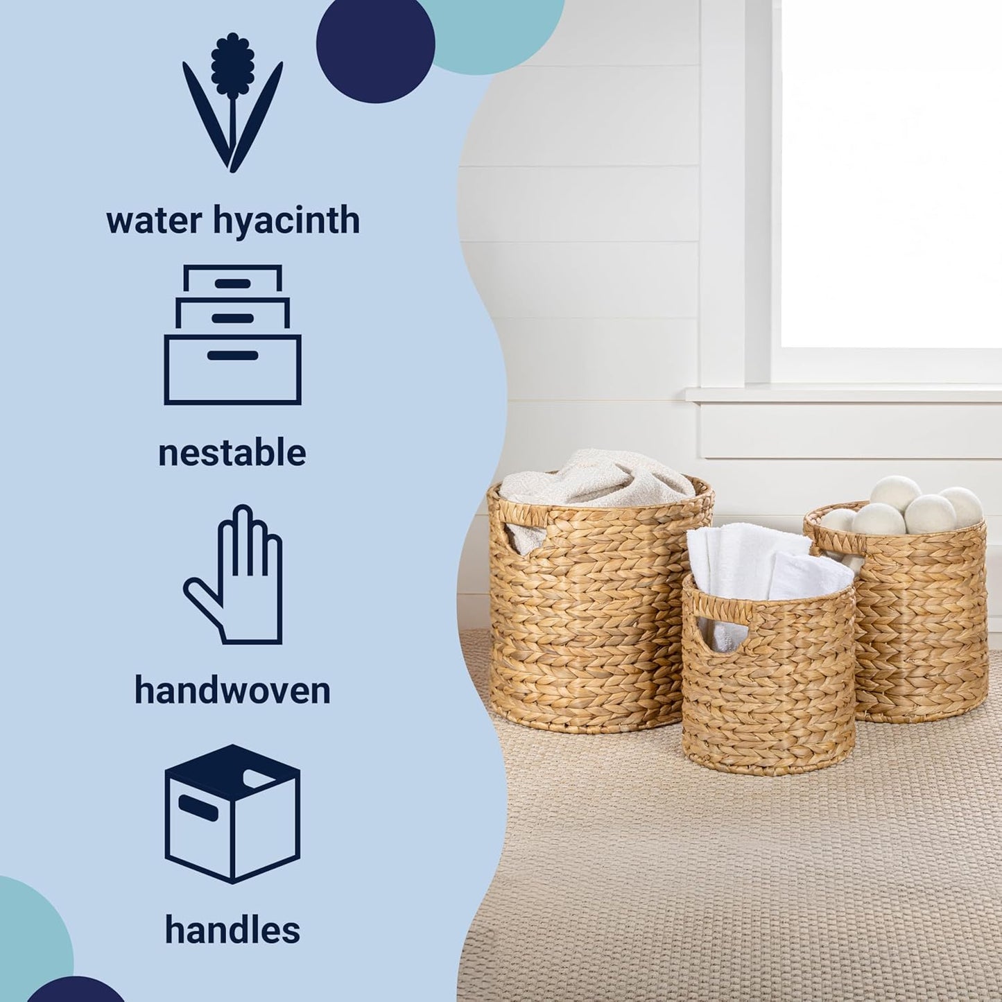 happimess BSK2011A-3SET Avery Bohemian Cottage Handwoven Hyacinth Cylinder Nesting Wicker Storage Baskets with Handles, Natural (Set of 3), Seagrass Containers for Decoration in Living Room, Bedroom