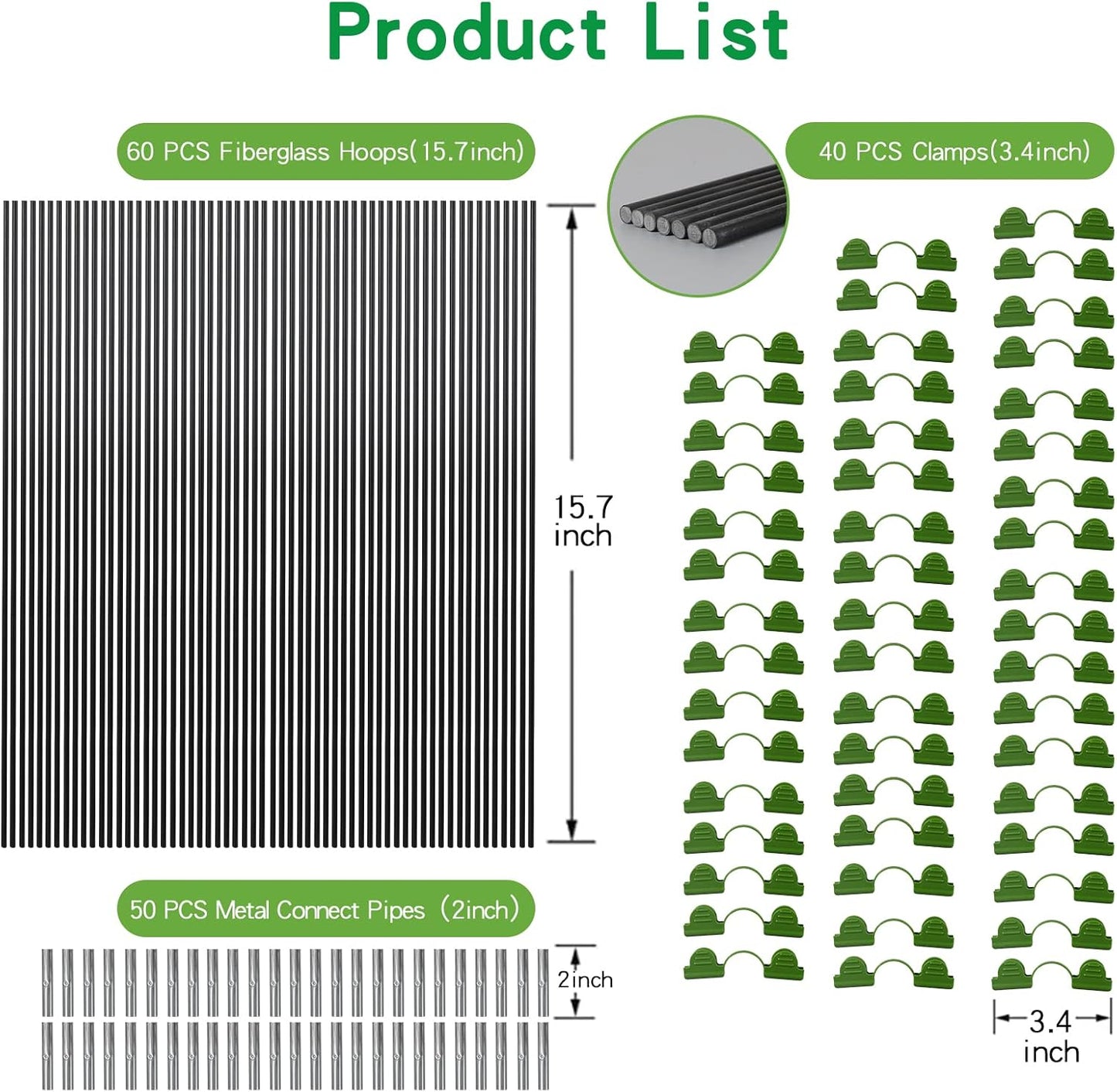 Greenhouse Hoops Grow Tunnel 60 Pcs 16 Inch Up to 12 Sets of 7ft Long Plastic-Coated Rust-Proof Fiberglass Garden Hoops for Raised Beds with 50 Pcs Metal Connect Pipes and 40 Clamps