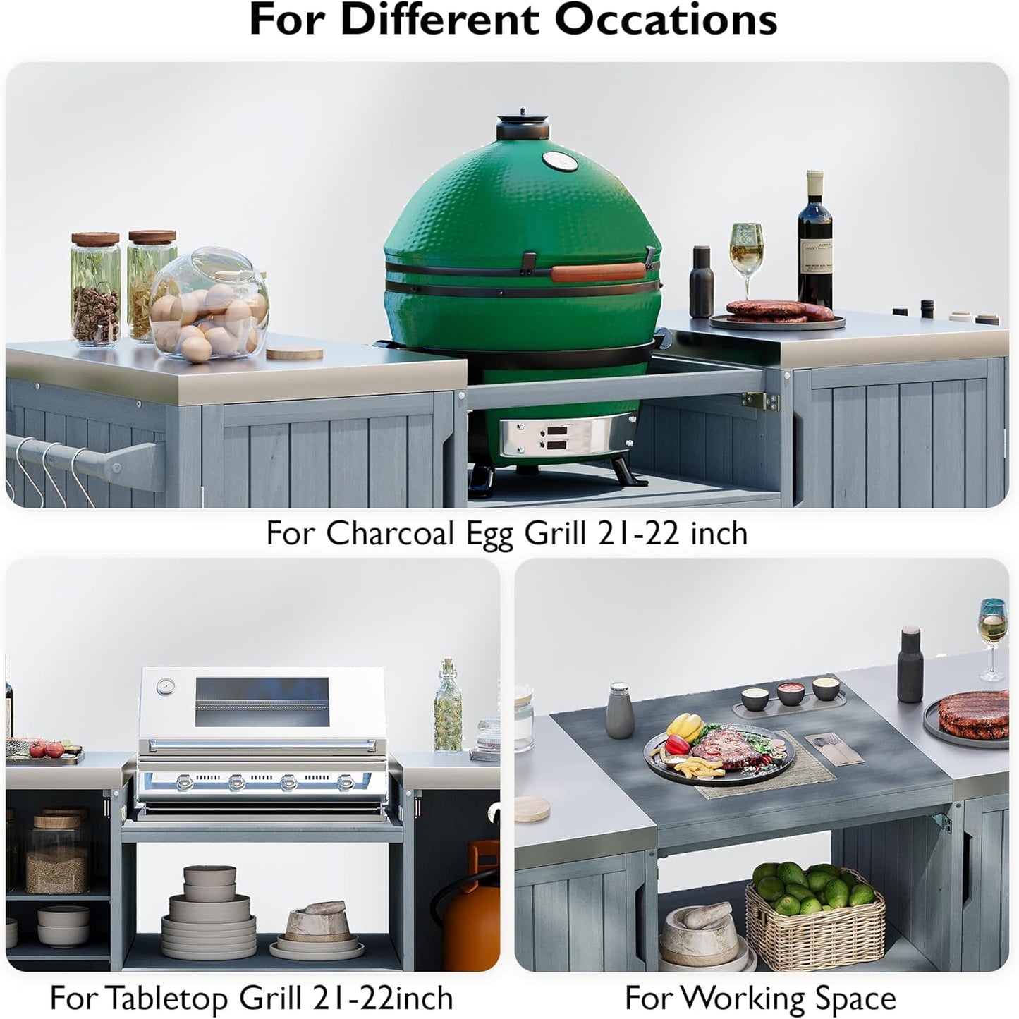 Merax 66.5" Outdoor Grill Table for Big Green Egg, Farmhouse Kitchen Island on Wheels with Stainless Steel Tabletop, Drawer and Spice Rack, Solid Wood Outdoor Storage Cabinet for Backyard, Grey Blue