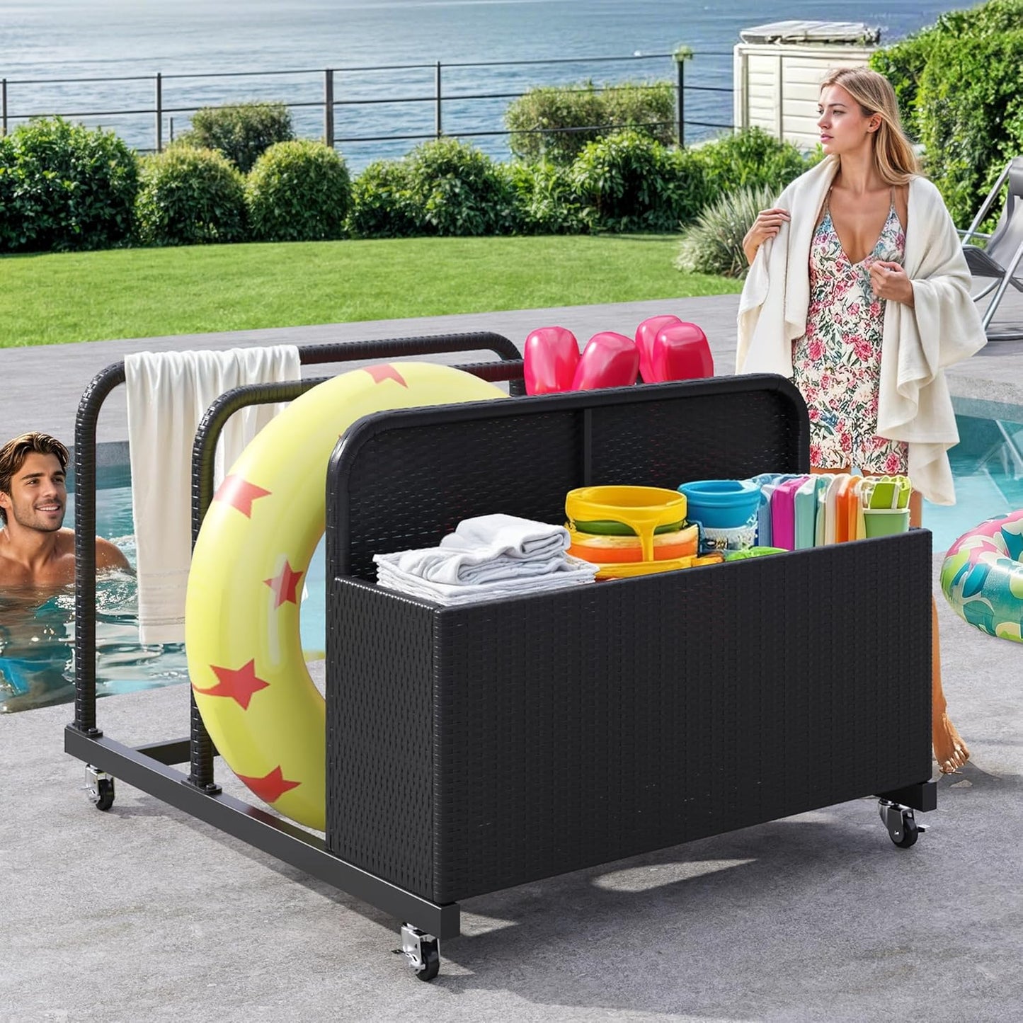 DWVO Pool Float Storage, Pool Storage Bin with PE Rattan,Pool Storage for cushions, Floaties, Noodles, Life Vests, Beach Balls, Patio Furniture (Black)