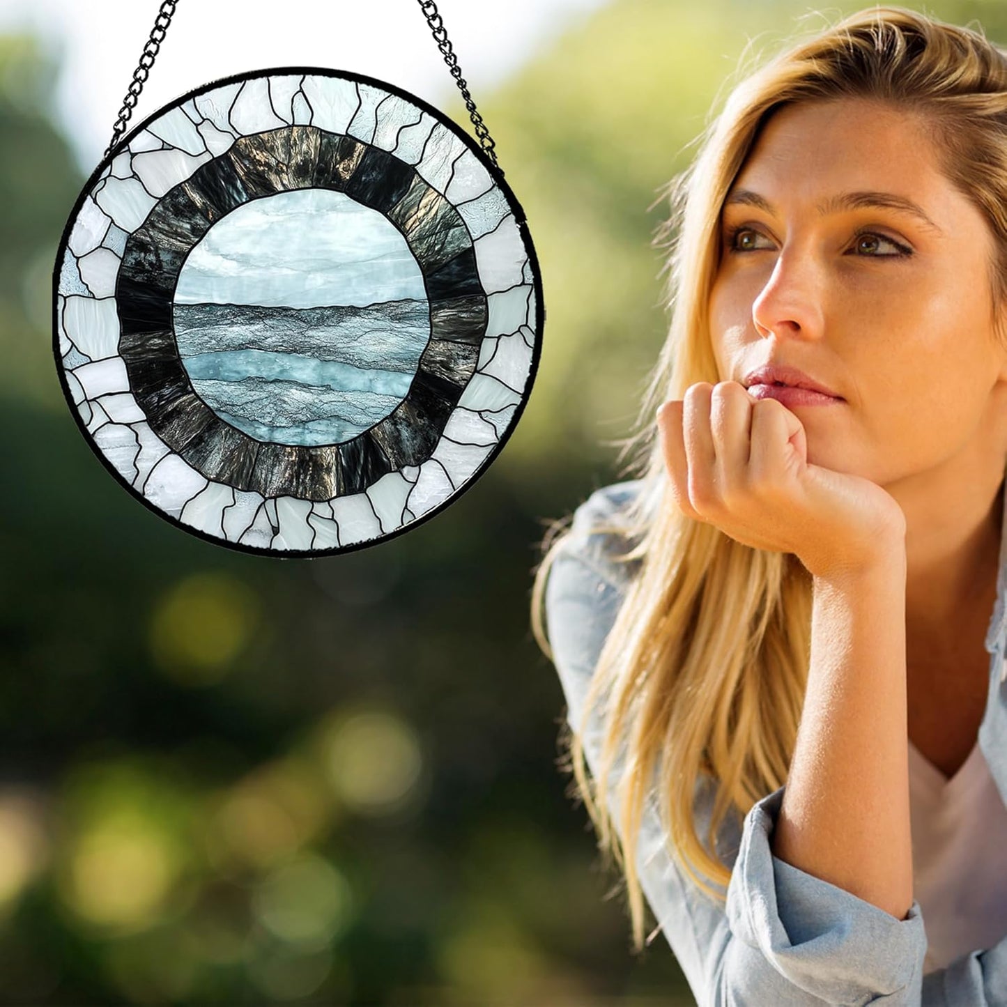 Stained Glass Window Hanging - Abstract Sea Surface Suncatcher for Doors Garden Patio Round Sun Catchers Decor Christmas Mother's Day Birthday Gifts for Women Men Mom Nana Friend 9.8 in