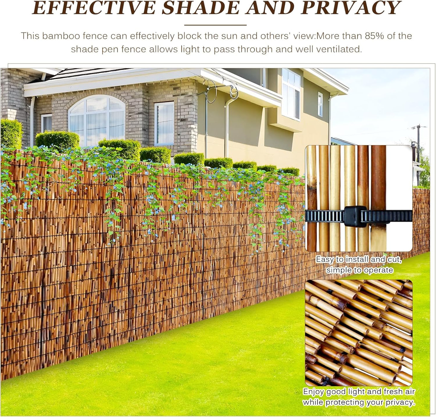 Natural Reed Fencing Rolls: Privacy Bamboo Fence 3/4/5/6ft High Roll Reed Screen, Decorative Bamboo Fencing for Outdoor Balcony Patio Garden Backyard,with Cable Zip Ties(Coffee, 3.3x16.4ft)