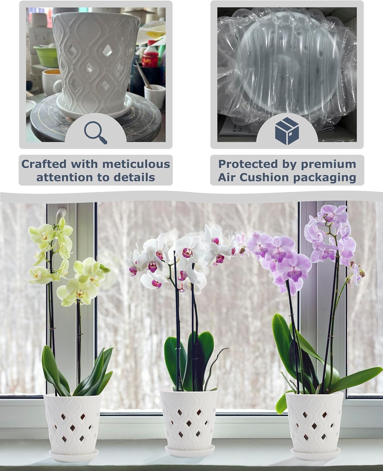 Whispering Winds Ceramic 5 x 6 Inch Orchid Pot with Holes & Saucer for Aeration and Drainage - Decorative Orchid Pots for Repotting, Prevent Over Watering & Root Rot (Carrara White)
