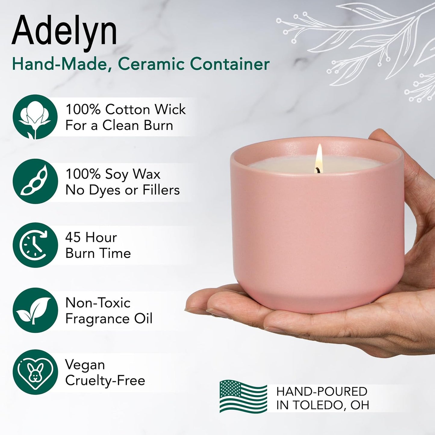 The Growing Candle, Mint & Eucalyptus Scented, 8oz Ceramic Pot, Aromatherapy Candles, 100% Soy, Adelyn