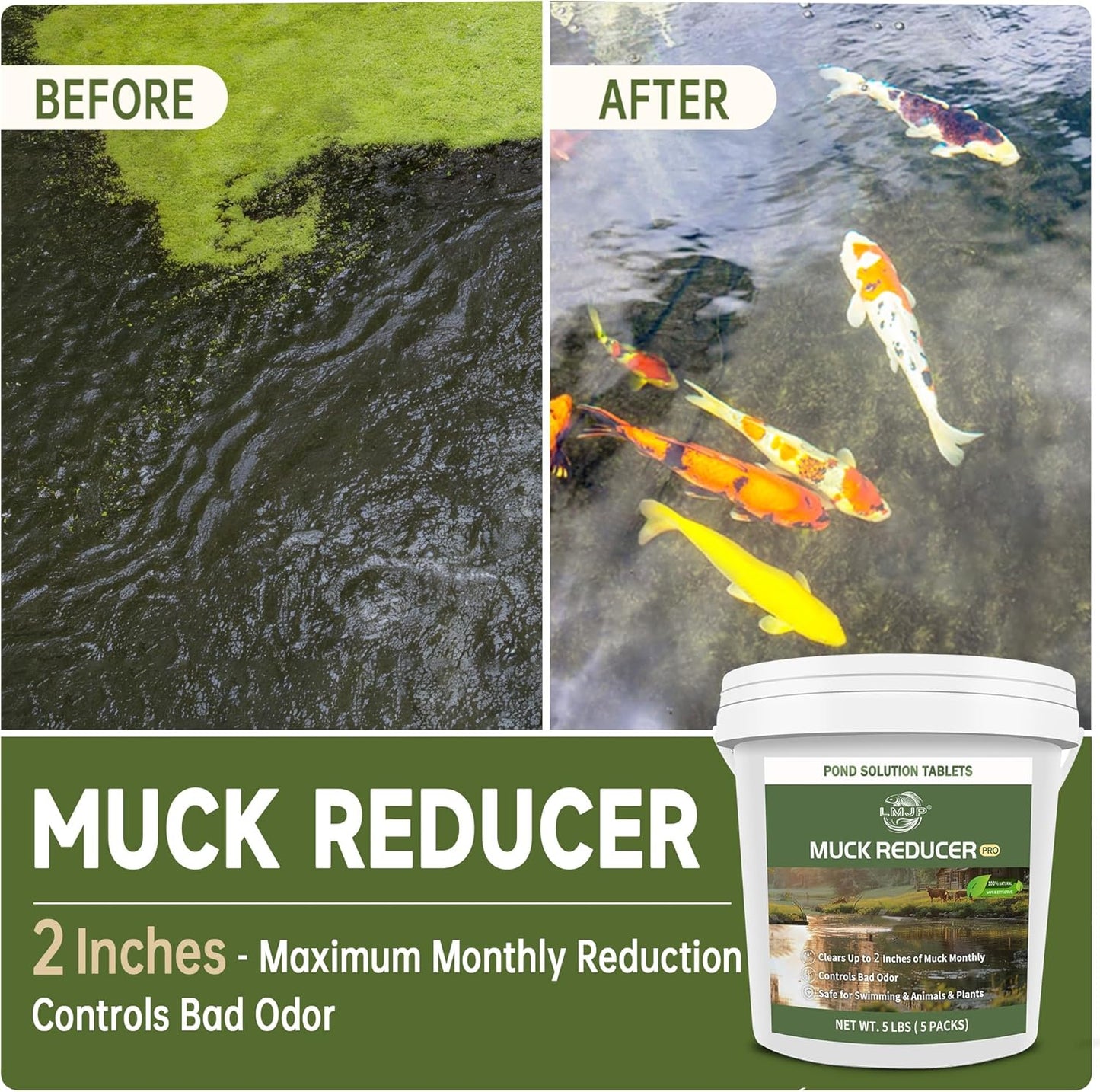 Muck Reducer - 5LB Natural Sludge Solution Tablets for Ponds & Lakes, Away Muck & Odor Control, Safe for Aquatic Life, Wildlife & Recreation, Treats Up to 30,000 Sq Ft