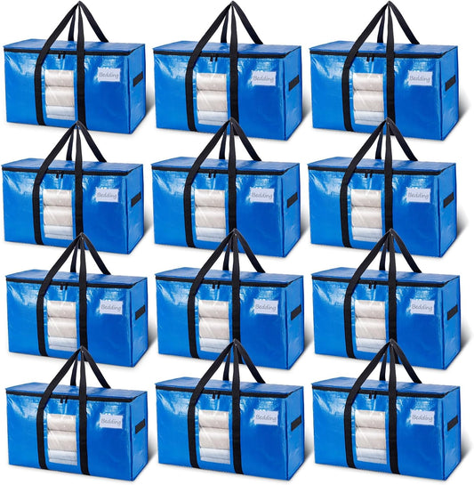 TAILI Extra Large Moving Bags, 12 Pack Blue Heavy Duty Totes For Storage with Visible Window, Wrap Around Handles, Storage Bags for Space Saving, Alternative to Moving Boxes