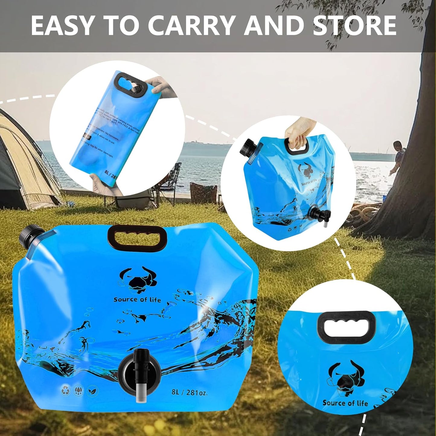 Collapsible 8L Water Storage Bag, BPA-Free Portable Folding Water Jug with Adjustable Faucet, Leakproof Emergency Water Bag for Camping, Hiking, Riding, Outdoor Sport (Blue, 1)