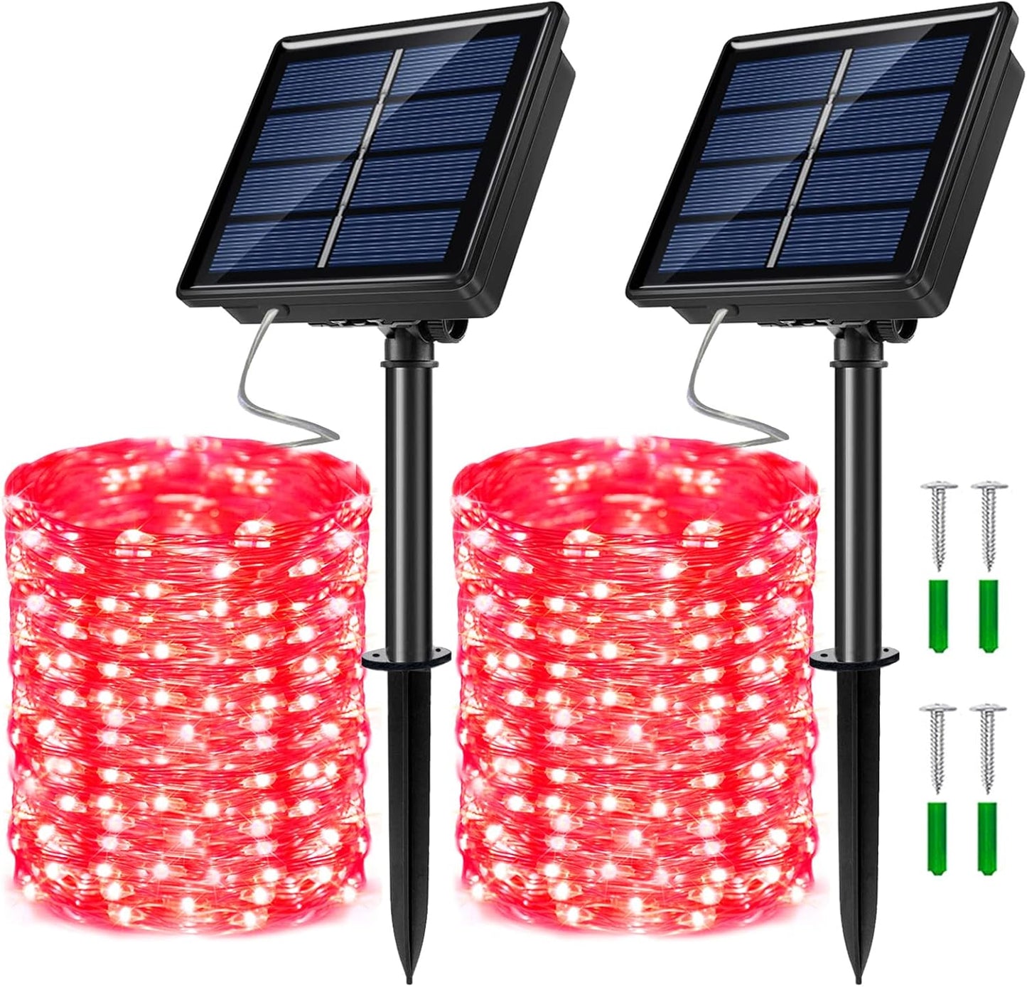 2 Pack Solar Powered Fairy String Lights Outdoor Waterproof 8 Modes Twinkle Christmas Decorations Lights, Each 33ft-100LED, 40ft-120LED, 66ft-200LED, 80ft-240LED, (Red, 33)