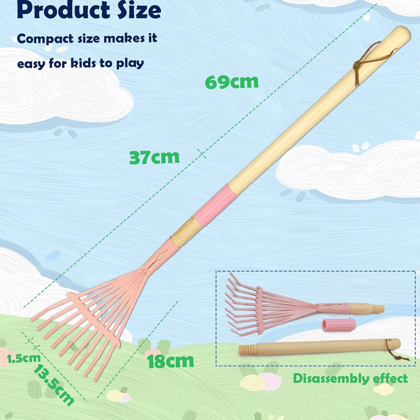 Kids Leaf Rake-Small Wooden Handle Leaf Rake with Metal Tines, 27inches /69cm Length, for Kids Enjoy Garden Cleaning Activities (Pink)