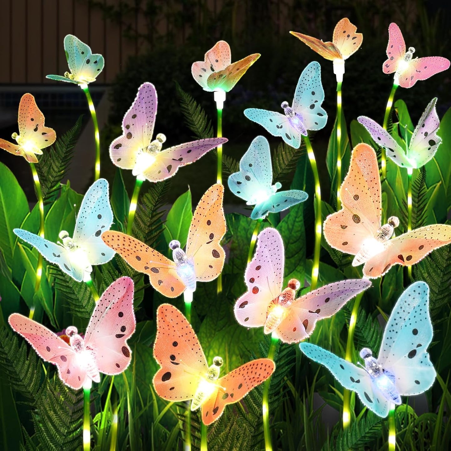 Solar Garden Lights 4 Pack Waterproof Decorative Solar Lights Outdoor with Glowing Stems,7-Color Changing ‎Fiber Optic Butterfly Light for Outside Yard Lawn Garden Decor, Gifts for Women