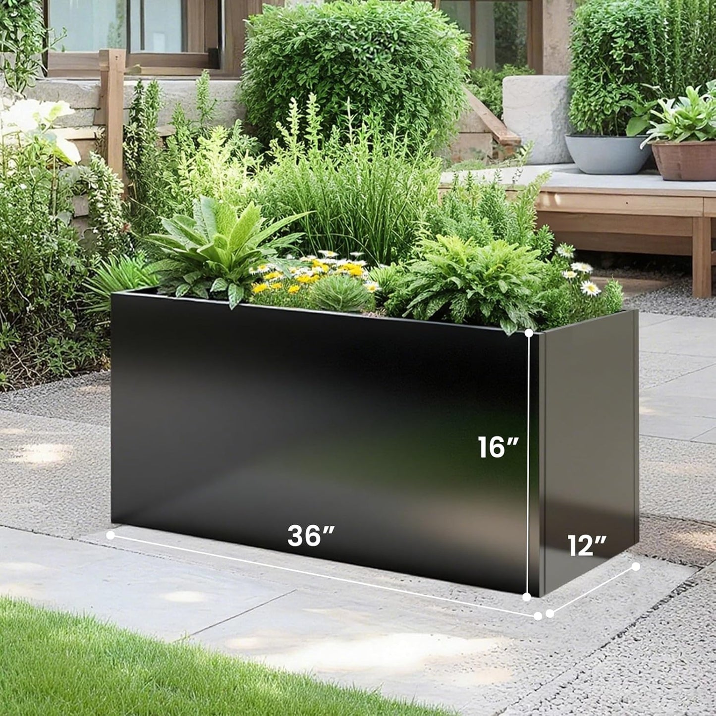 Steel Planter 36" x 12" x 16" Metal Rectangle Outdoor Planter Black Powder Coated Flower Box Metallic Heavy Pot Indoor & Outdoor, Commercial & Residential (L36 x W12 x D16, Black)