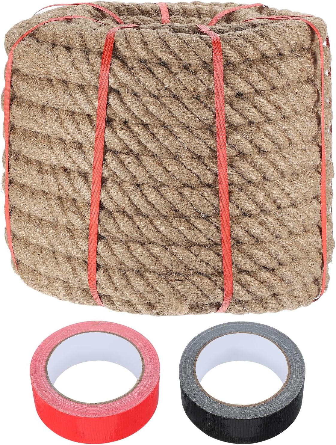 MECCANIXITY Jute Rope 1.5 Inch x 98ft, Thick Twine Rope Ropes Braided Jute Twine Natural Brown Burlap Cord String Heavy Twisted with Tapes for Decorative Crafts Railing Swing Tug of War
