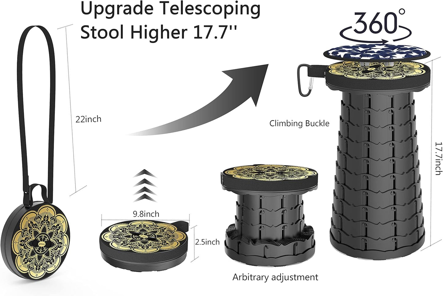 ALEVMOOM Upgraded Telescoping Collapsible Stool with Cushion, Folding Stool with Printing Portable Retractable Foldable Seat Max Load 550lbs for Adults Camping Fishing Outdoor