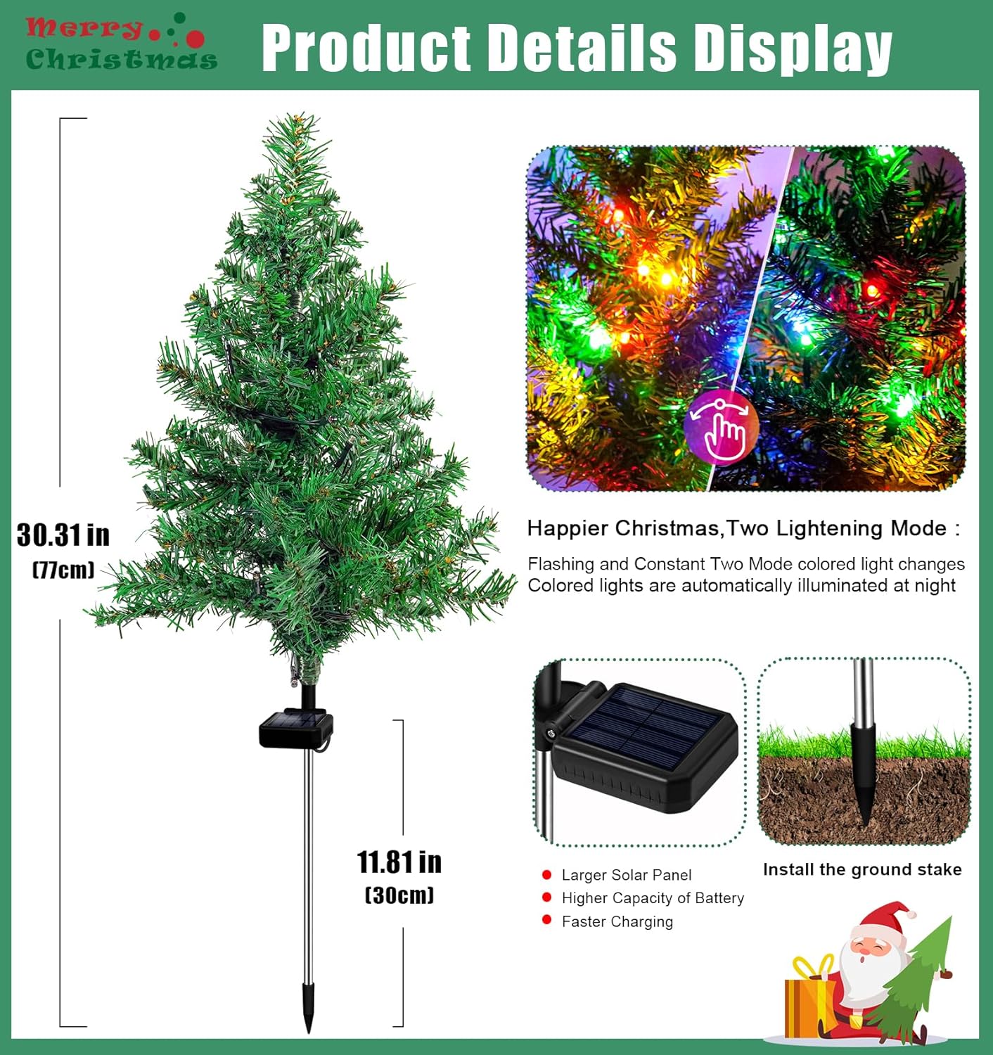Solar Christmas Tree Outdoor Decor, Waterproof Solar Xmas Decorations Garden Stake Lights, Multi-Color LED Artificial Prelit Christmas Décor for Outside Landscape Pathway Porch Yard Holiday (4 pcs)
