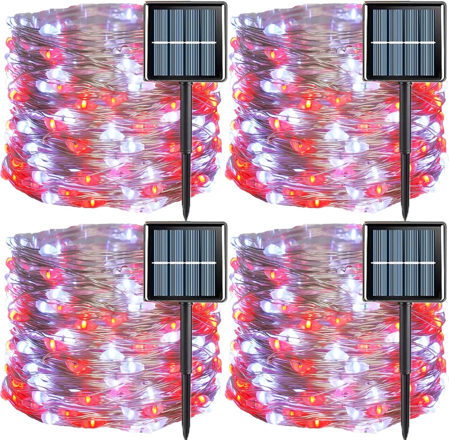 QITONG 4 Pack Red and White Solar Fairy Lights, Each 33ft 100 LED Christmas String Lights Outdoor Waterproof, 8 Modes Silver Wire Twinkle Lights
