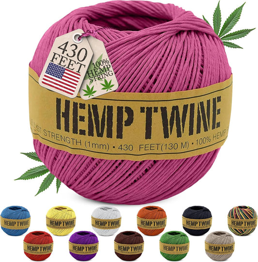 Hemp Twine for Gardening - Twine for Crafts - Organic Natural Hemp String for Jewelry Making - Strong Durable Cord for Decoration, Macrame + Cooking - 1MM, 100G/430 Ft. - 20 lb. Test Strength - Pink