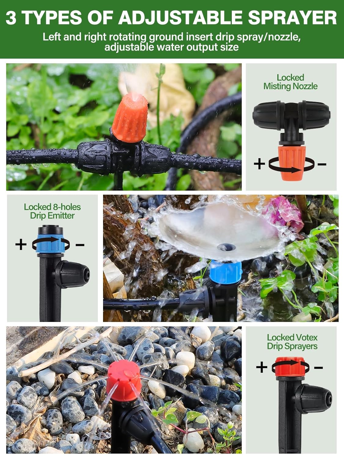 150FT Automatic Drip Irrigation Kit with Lawn Sprinkler, Kalolary 1/4" 1/2" Garden Watering System with 4/7mm 16mm Tube Locked Drip Irrigation Emitter Fittings Adjustable Sprinkler System for Outdoor