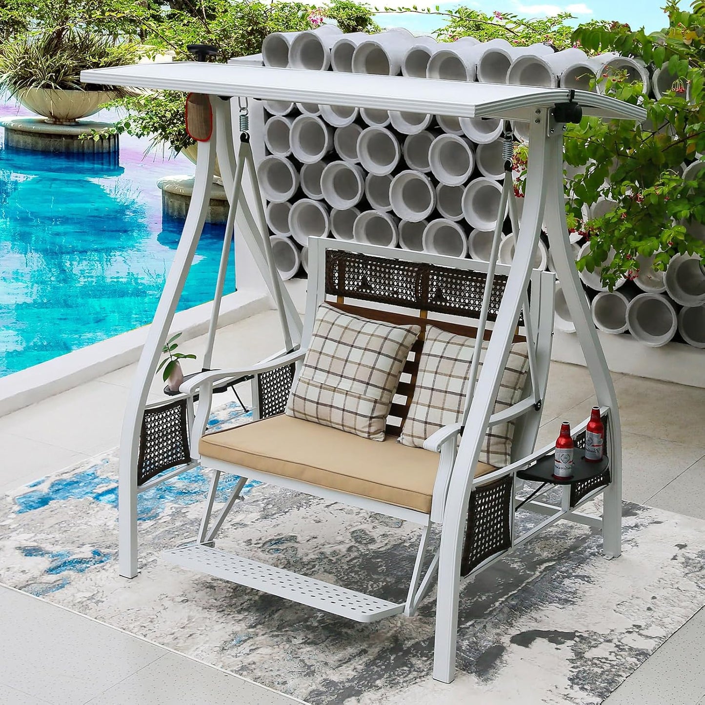 2/3-Seat Outdoor Patio Porch Swing with Adjustable Aluminum Alloy Canopy Solar Patio Swing Chair Bench with Footrest Side Cup Holder for Backyard Lawn (Himalaya White-2 Seat)