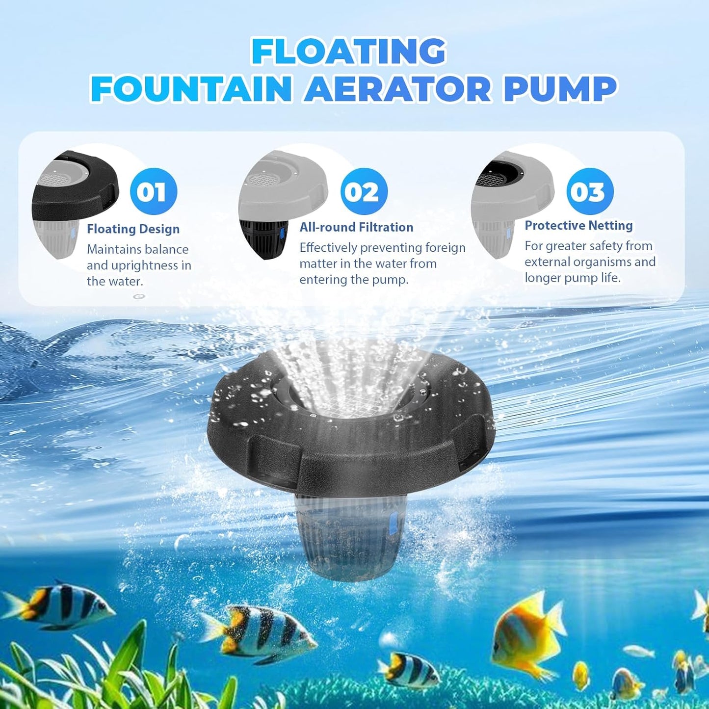Poafamx Pond Fountain Aerator, 5000GPH Floating Fountain Pump for Large Pond, 33FT Power Cord Pond Aerator with Mooring Kit and Outlet Timer 110V for Pond Pool Lake Aquascape Oxygenation